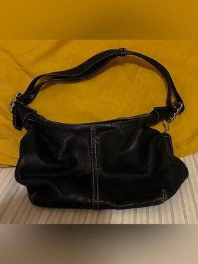 Coach Black Leather Shoulder Bag with White Stitching